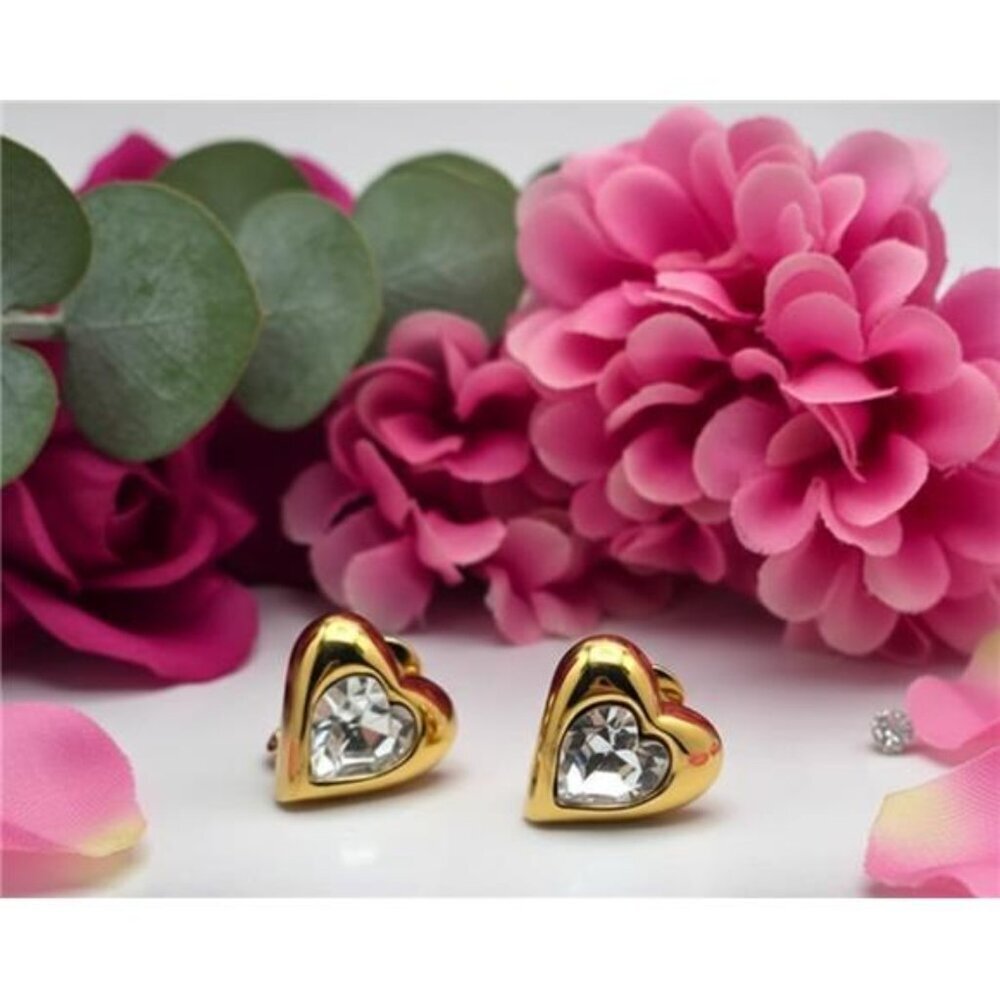 Vintage Monet Clip On Earrings Gold Tone Heart Clear Crystal 18.5 mm